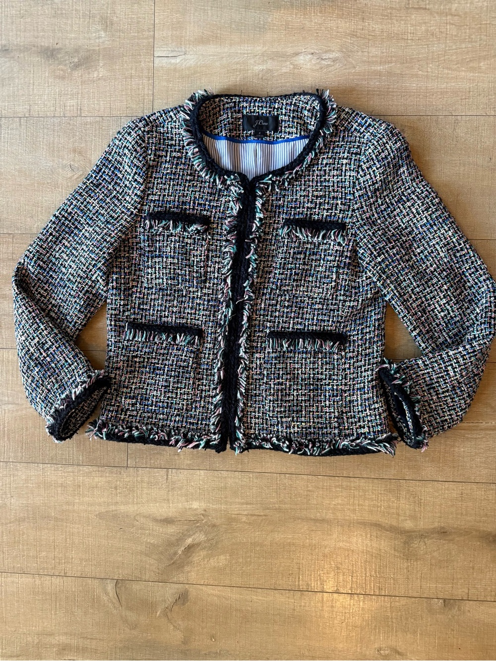 J. Crew Lady Metallic Tweed Jacket Blazer Black Rainbow Multi Fringe size 4